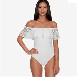 Lauren Ralph Crochet Ruffle Off-The-Shoulder One-Piece Swimsuit